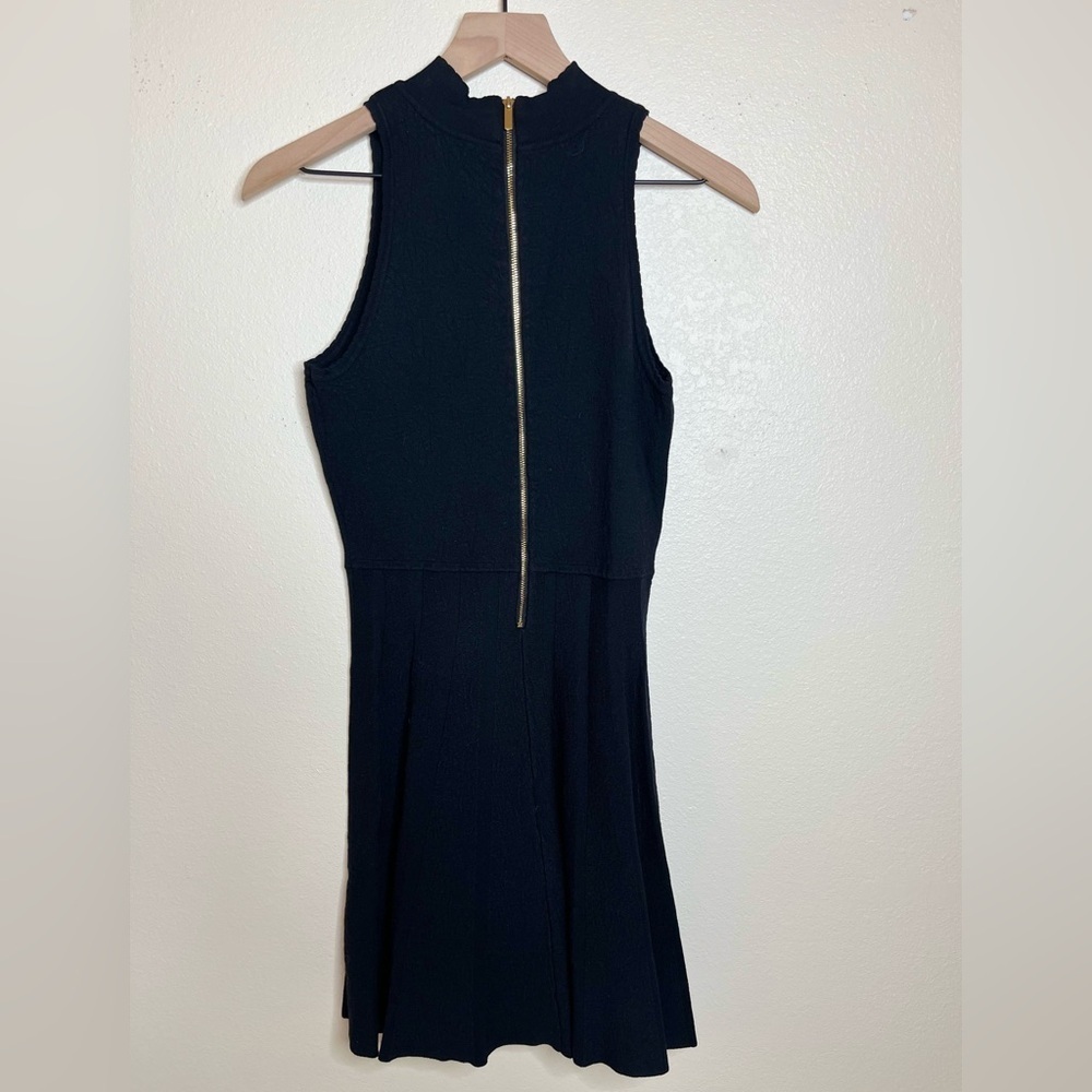 Great Jones Jacquard Mini Dress Black Fit Flare Mock Neck Quiet Luxury Chic LBD - Picture 3 of 11
